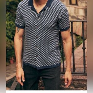 NWT Marine Layer Asher Print Sweater Button Down in Blue Geo Pattern Men’s XL